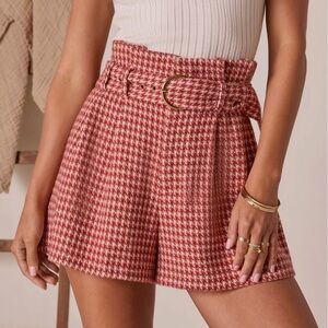 Vici Red and White Houndstooth High Waist Shorts